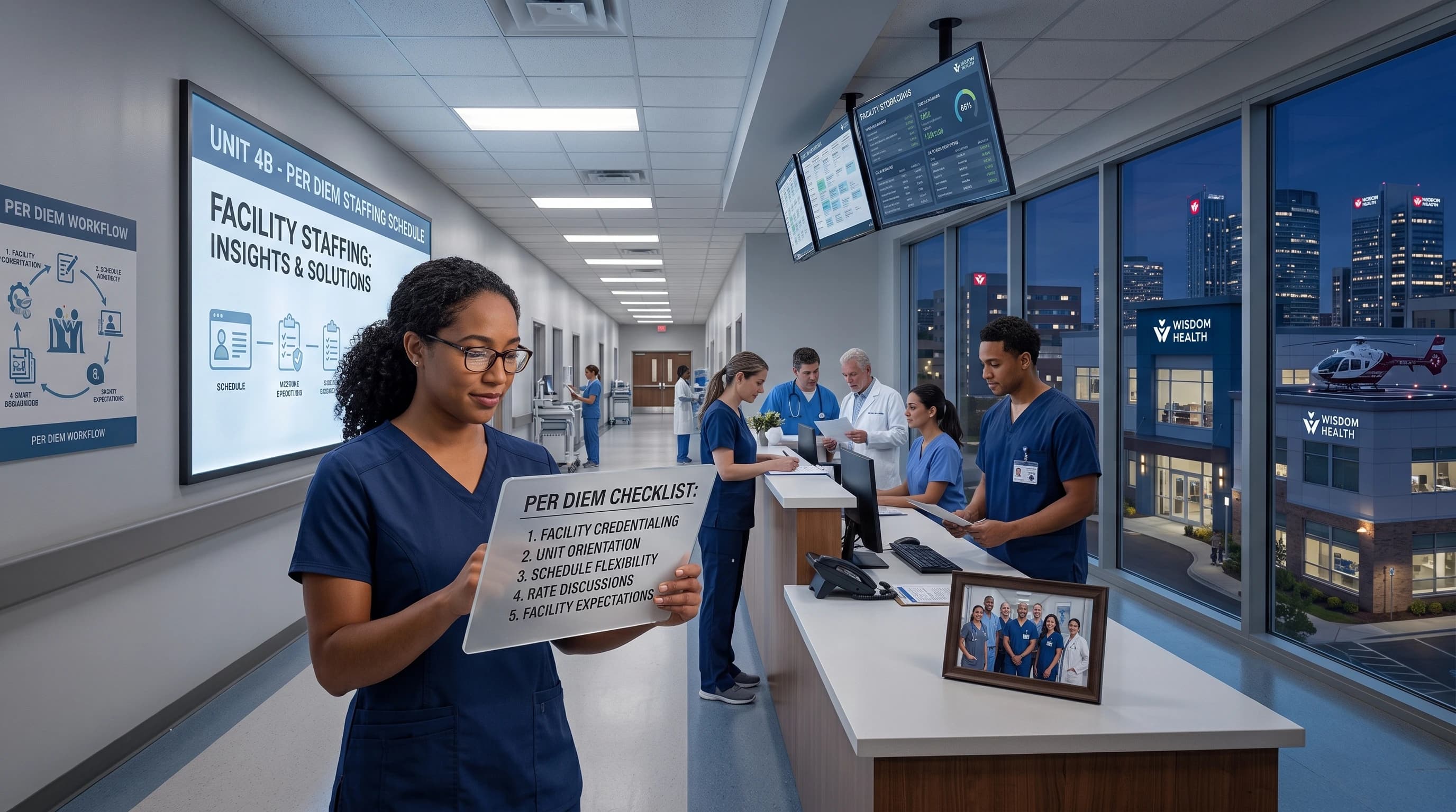 A charge nurse reviewing the shift board