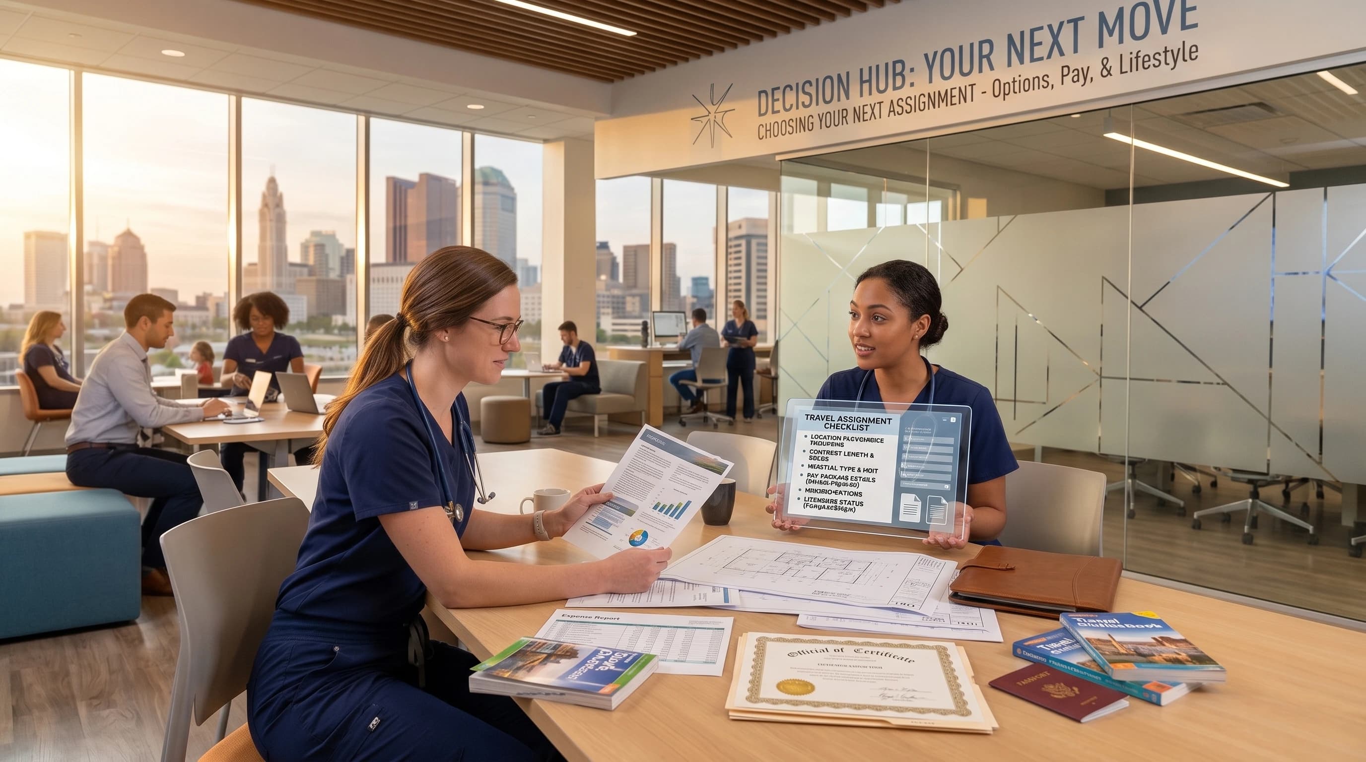 A nurse reviewing contract options on a laptop